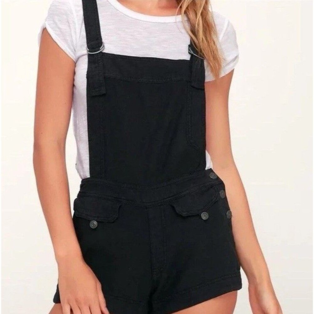 Free People Expedition Short Overalls S Small Black Linen Blend Romper Jumpsuit